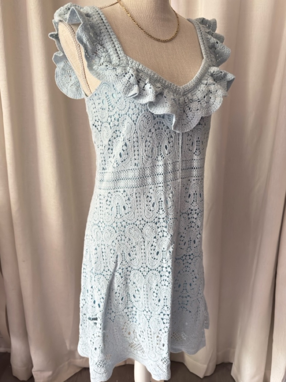 Light Blue Crochet Ruffle Spring Summer Dress - Picture 2 of 6